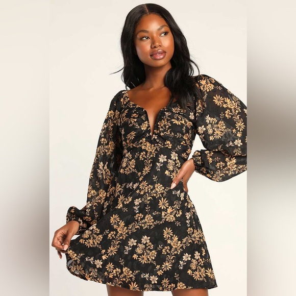 Lulu's Dressed Up Darling Black Gold Floral Balloon Sleeve Mini Dres Long Sleeve - Picture 1 of 15
